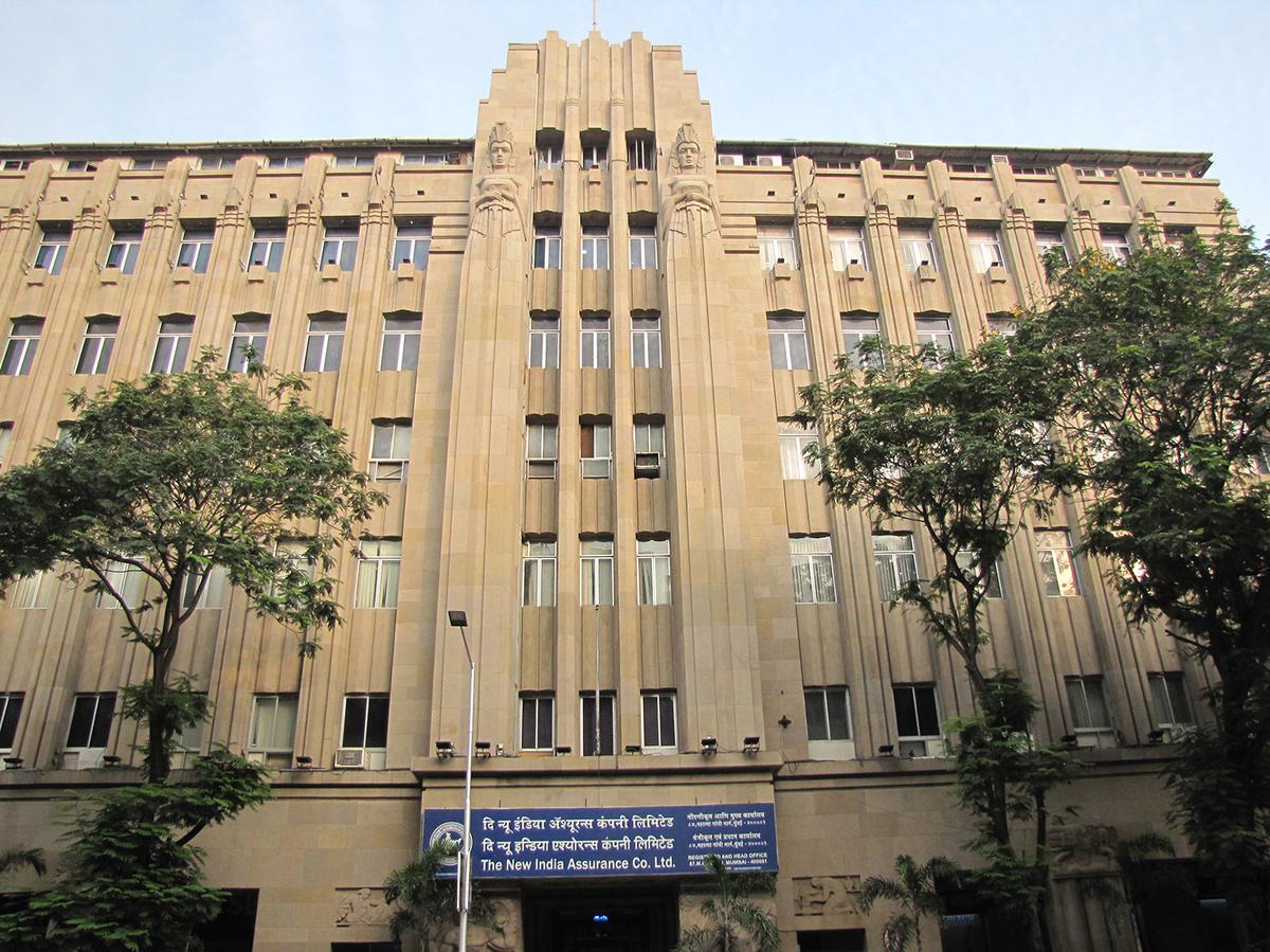 The New India Assurance Building is an Art Deco office building made of reinforced concrete.