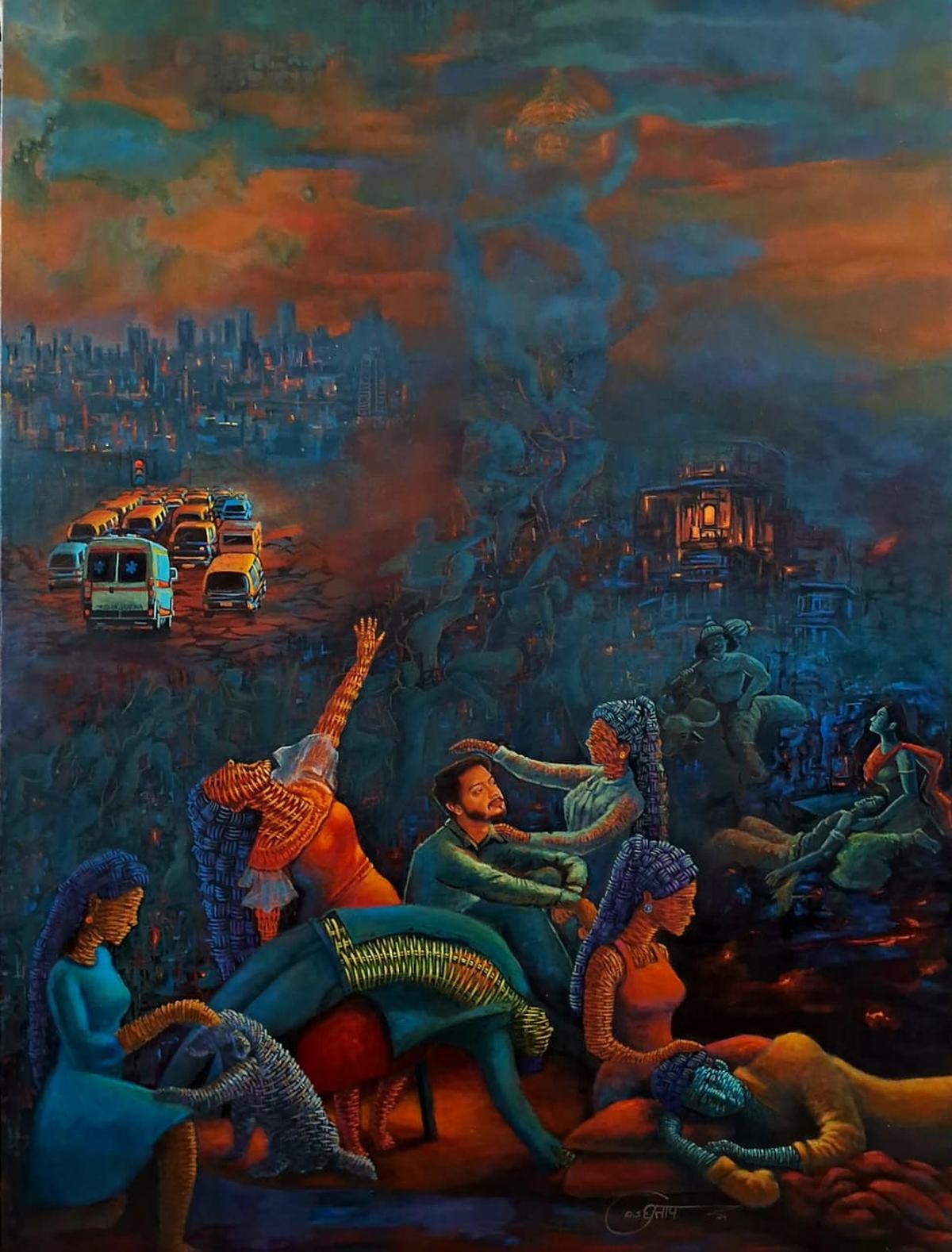 Artwork titled, “Divine Intervention” by artist Pratap Badatya narrates the harrowing experience of actor Shreyas Talpade and his wife, Dipti Talpade, during the actor’s life-threatening cardiac arrest.