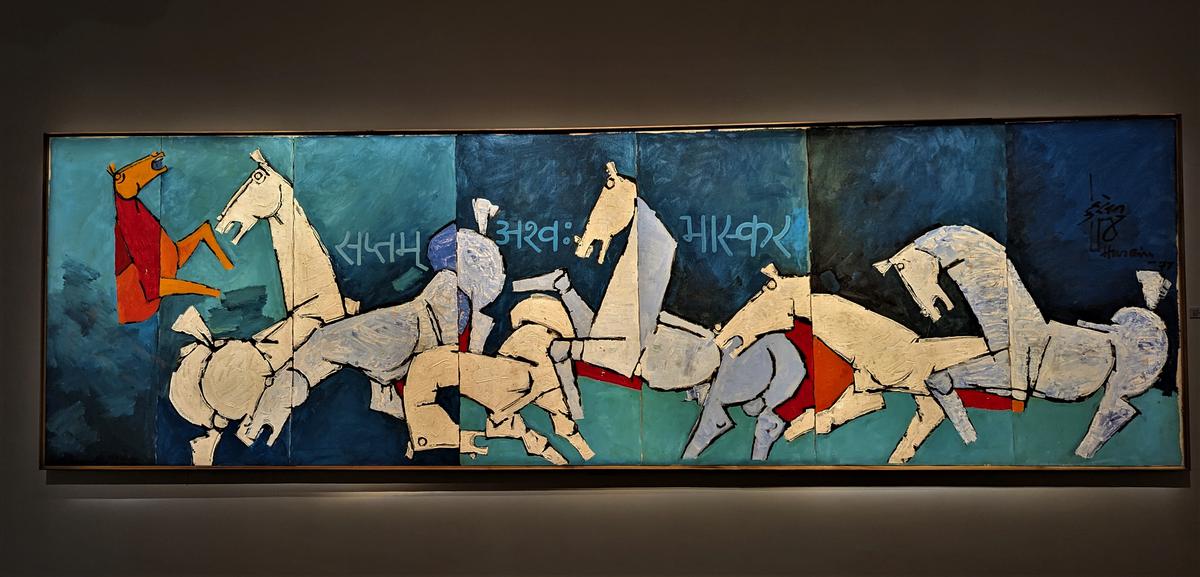 ‘Horses’ painted in 1977 by M.F. Husain is acrylic on canvas.