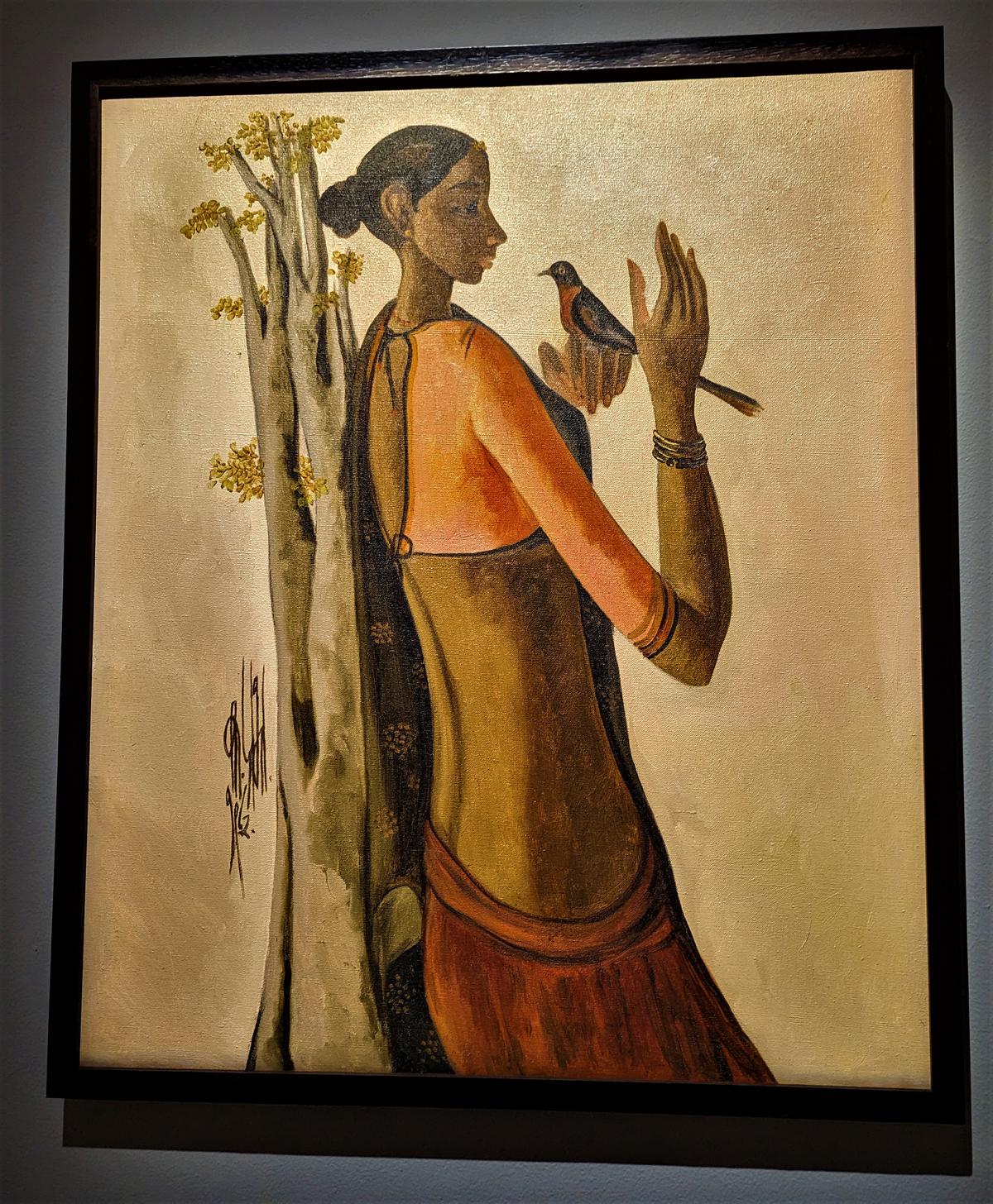 Oil on canvas titled ‘Girl with a bird’ by artist B. Prabha from 1962.