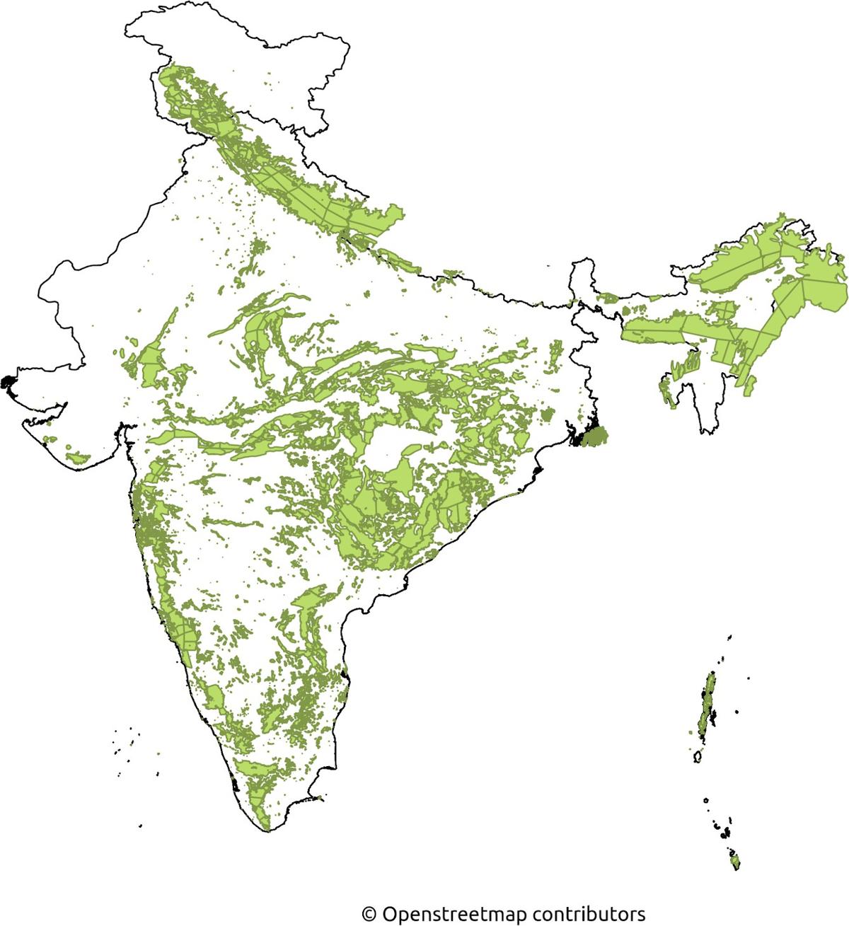 Indian forest cover map as of 2015. Indian forest cover map as of 2015.