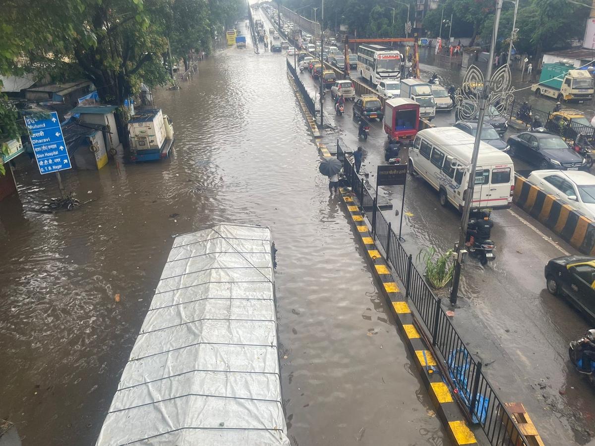 A view of a flooded road after rain lashed Mumbai on July 8, 2024.