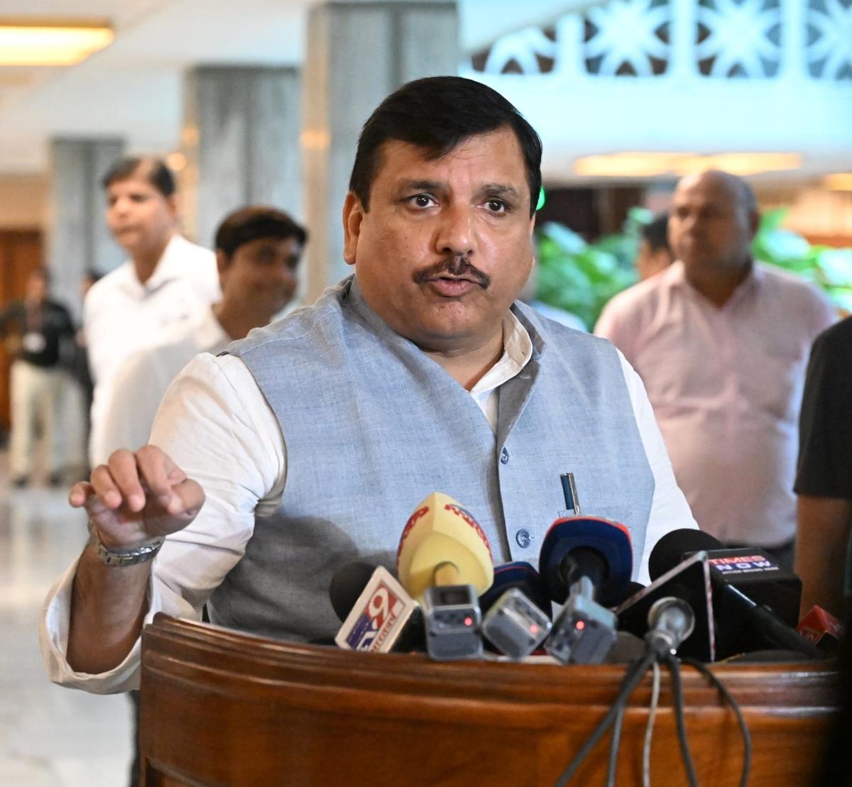 AAP Rajya Sabha MP Sanjay Singh addresses the media after attending the all-party meeting in New Delhi on July 20, 2025.. 