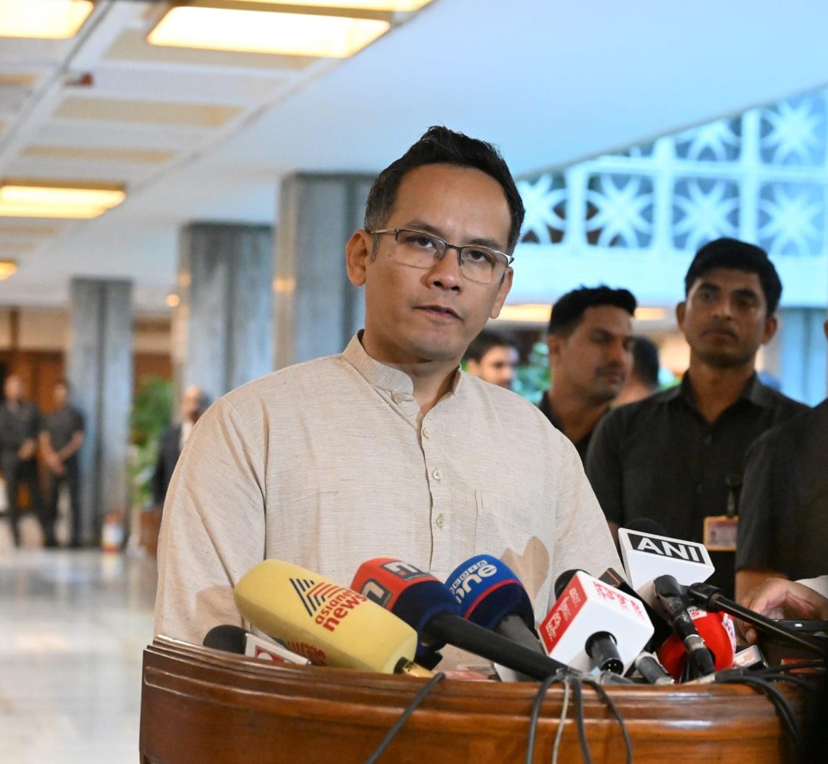 Congress leader Gaurav Gogoi addressing the media after attending the All Pary Meeting at Parliament Annexe in New Delhi on July 20, 2025