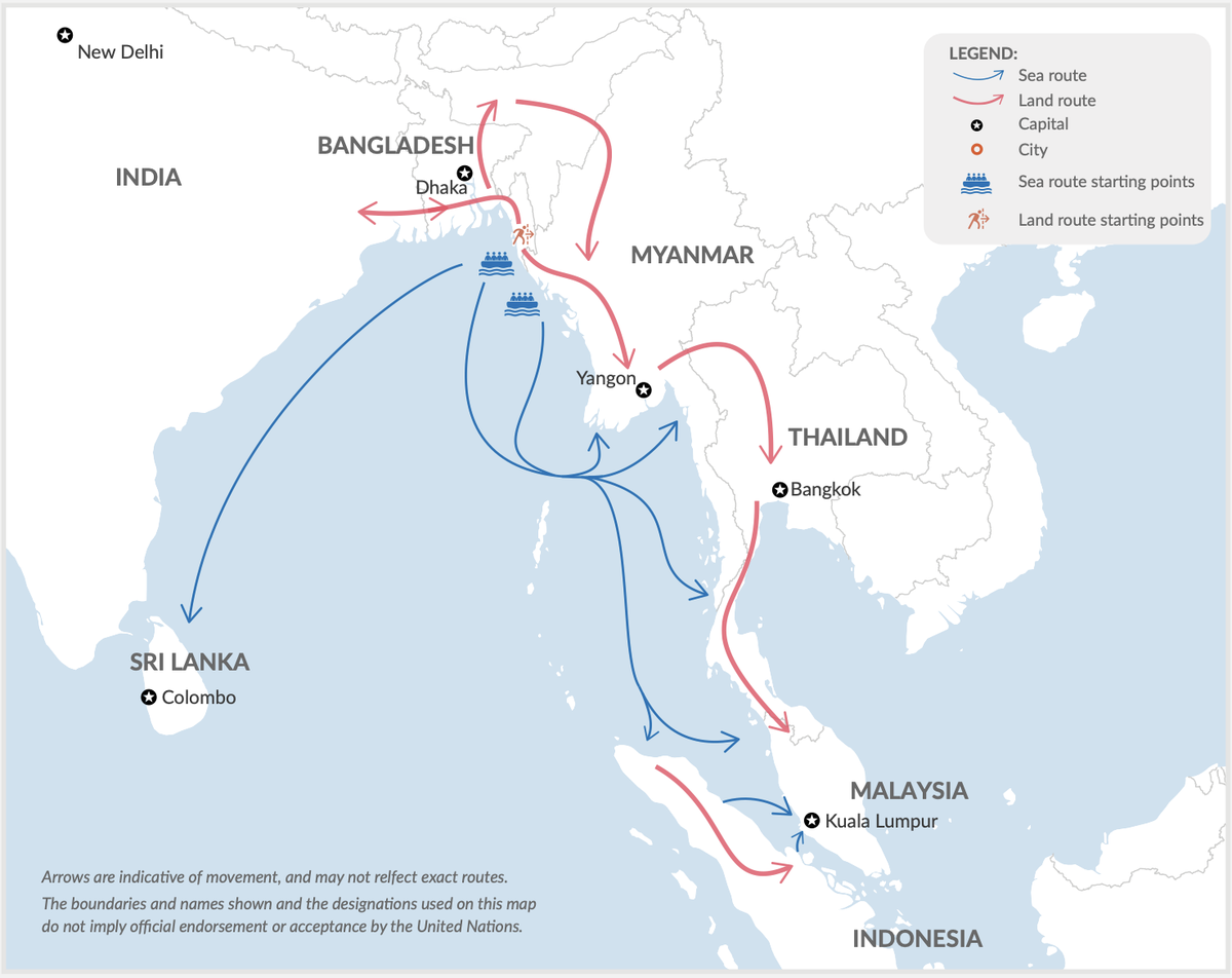 Land and sea journey routes taken by Rohingya refugees in 2022-2023