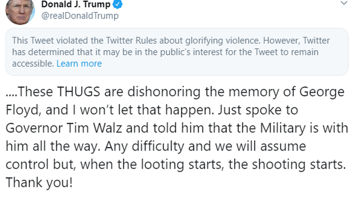 Twitter blocks Trump’s tweet that threatened to shoot looters in Minnesota