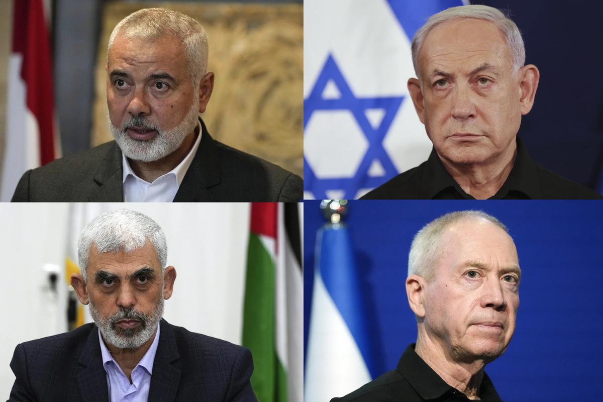 This combination of photos from clockwise from top left shows Ismail Haniyeh, the leader of the Hamas, in Beirut, Lebanon, on June 28, 2021; Israeli Prime Minister Benjamin Netanyahu in Tel Aviv, Israel on Oct. 28, 2023; Israeli Defence Minister Yoav Gallant in Tel Aviv on Oct. 16, 2023 and Yahya Sinwar, head of Hamas in Gaza, in Gaza City, Wednesday, April 13, 2022.