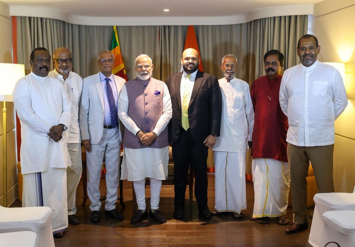 Prime Minister Narendra Modi with Sri Lankan Tamil politicians representing people of the north and east in Colombo on Saturday. Photo: Special Arrangement