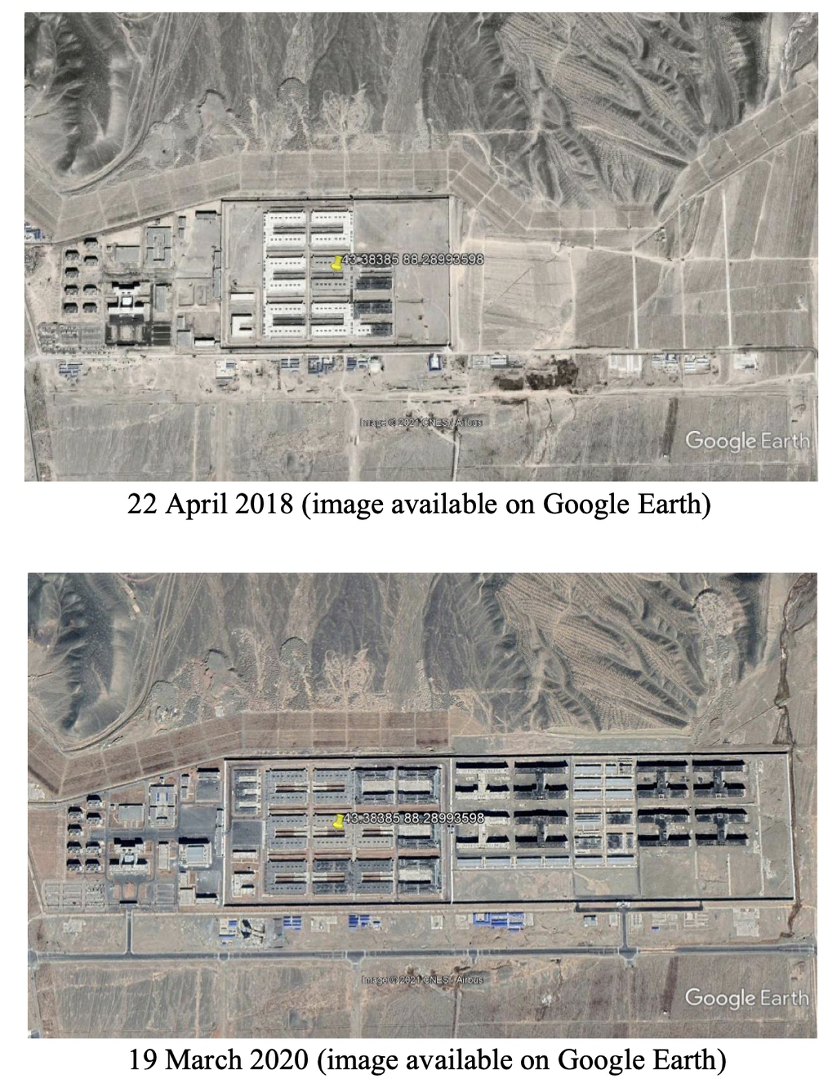 Detention centres have expanded with more security features, especially after 2019. Shown above are satellite images of the Urumqi No.3 Detention Centre in Dabancheng that has increased in size from 2018 to 2020, with the number of buildings on the compound increased from 40 in 2018 to 68 in 2019 and 92 in 2020.