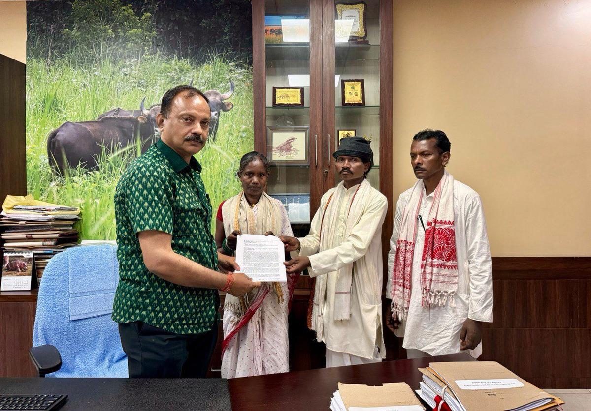 Residents of Jamunagarh submitting a memorandum to Principal Chief Conservator of Forest (wildlife) in Bhubaneswar on Monday requesting permission to continue their religious traditions inside Similipal Tiger Reserve.