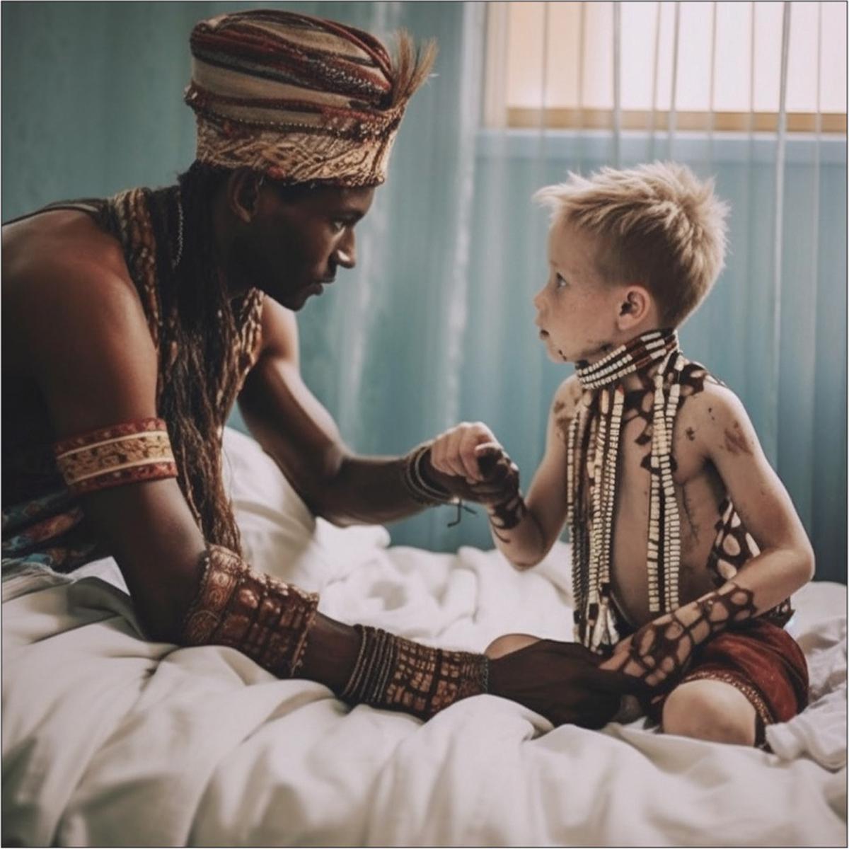 Prompt of ‘traditional African healer is healing a White child in a hospital’. The image showed “exaggerated” elements of African culture with beads and attire, the research found. Photo Credit: Reflections before the storm: the AI reproduction of biased imagery in global health visuals (The Lancet Global Health, August 2023)