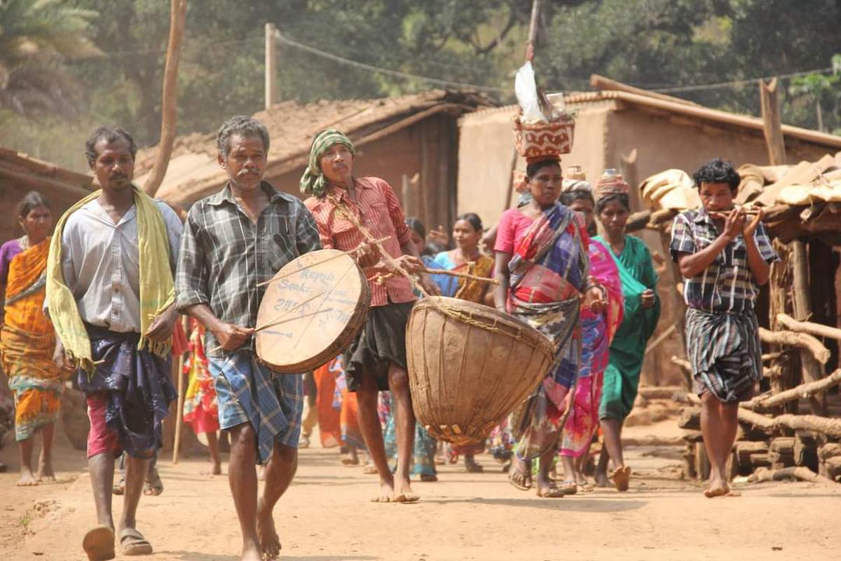 Tribal men taking out a procession as part of the Burlang festival at Deopada village in Odisha’s Kandhamal district. Burlang Yatra is a traditional festival of the Kutia Kondh tribe celebrated every year when the community members, especially women, worship and exchange seeds.