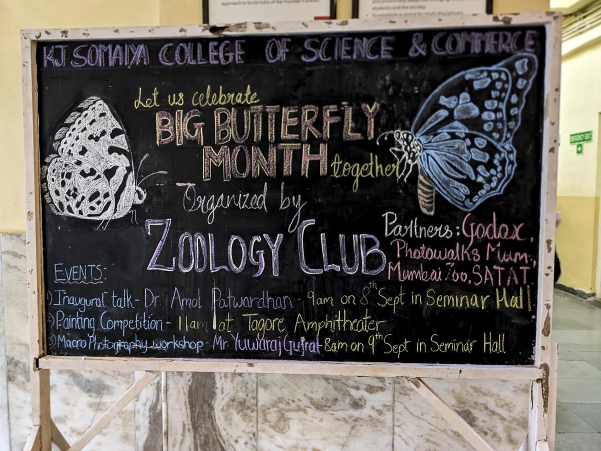 A board announces Big Butterfly Month events at K.J Somaiya College of Science and Commerce in Mumbai on September 9, 2023.