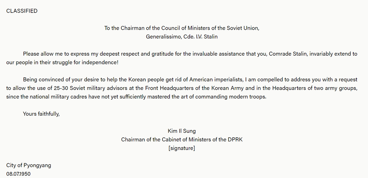 Kim Il-sung thanks Soviet leader Joseph Stalin in a previously-classified letter from 1950.