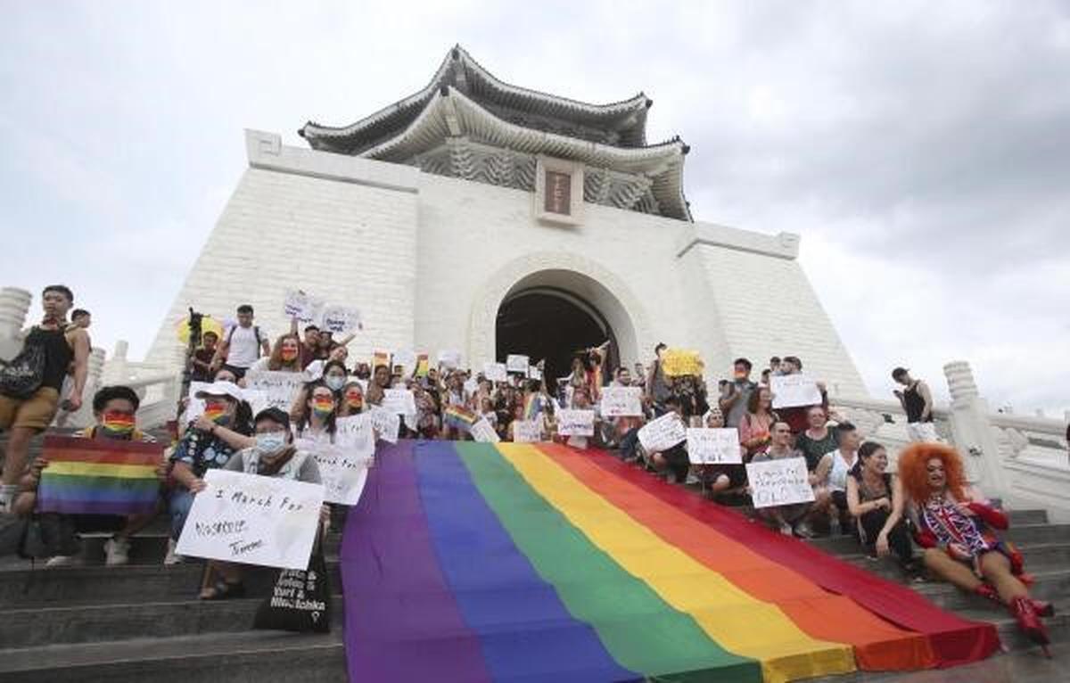 Participants rally during the “Taiwan Pride March for the World!” at Liberty Square at the CKS Memorial Hall in Taipei, Taiwan, Sunday on June 28, 2020.