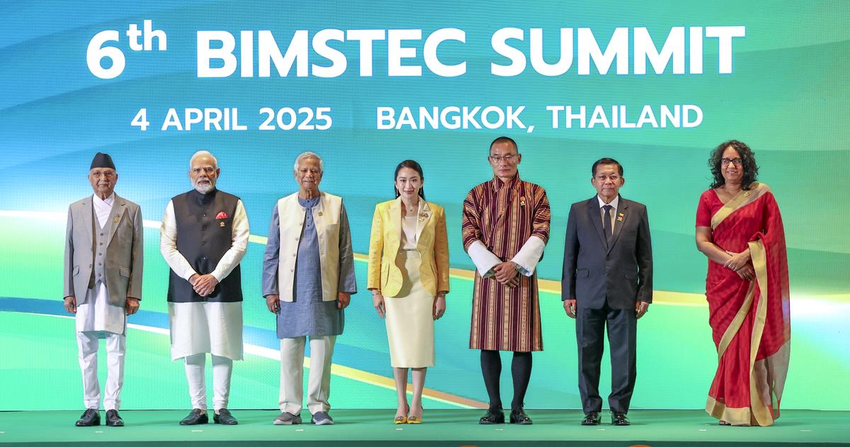 **EDS: THIRD PARTY** In this photo released by PMO, Prime Minister Narendra Modi, Nepal's PM KP Sharma Oli, Bangladesh's Chief Adviser Muhammad Yunus, Thailand's Prime Minister Paetongtarn Shinawatra, Bhutan Prime Minister Dasho Tshering Tobgay, Myanmar's military leader Senior Gen. Min Aung Hlaing and Prime Minister of Sri Lanka Harini Amarasuriya pose for a photograph during a session at the 6th BIMSTEC Summit in Bangkok, Thailand, Friday, April 4, 2025. (PMO via PTI)(PTI04_04_2025_000028B) **EDS: THIRD PARTY** In this photo released by PMO, Prime Minister Narendra Modi, Nepal's PM KP Sharma Oli, Bangladesh's Chief Adviser Muhammad Yunus, Thailand's Prime Minister Paetongtarn Shinawatra, Bhutan Prime Minister Dasho Tshering Tobgay, Myanmar's military leader Senior Gen. Min Aung Hlaing and Prime Minister of Sri Lanka Harini Amarasuriya pose for a photograph during a session at the 6th BIMSTEC Summit in Bangkok, Thailand, Friday, April 4, 2025. (PMO via PTI)(PTI04_04_2025_000028B)