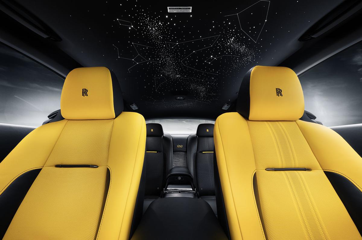 In this picture tweeted by Rolls-Royce, the black badge Wraith is the Black Arrow's bespoke starlight headliner which includes 2,117 fibre-optic 'stars'. 