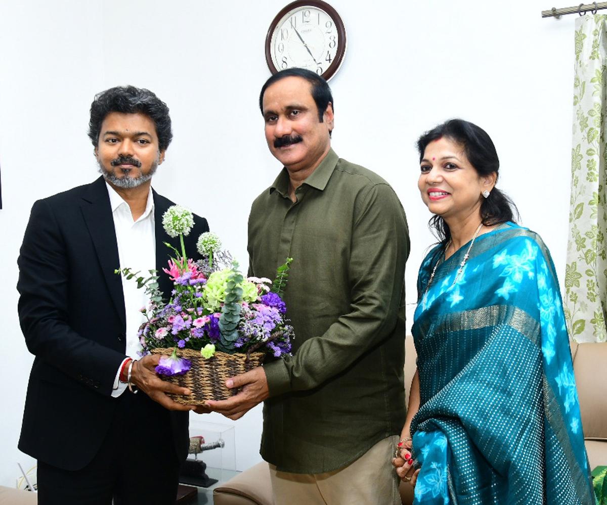 Chief Minister C. Joseph Vijay with PMK leader Anbumani Ramadoss and Dharmapuri MLA Sowmiya Anbumani at his residence in Chennai on May 11, 2026.
