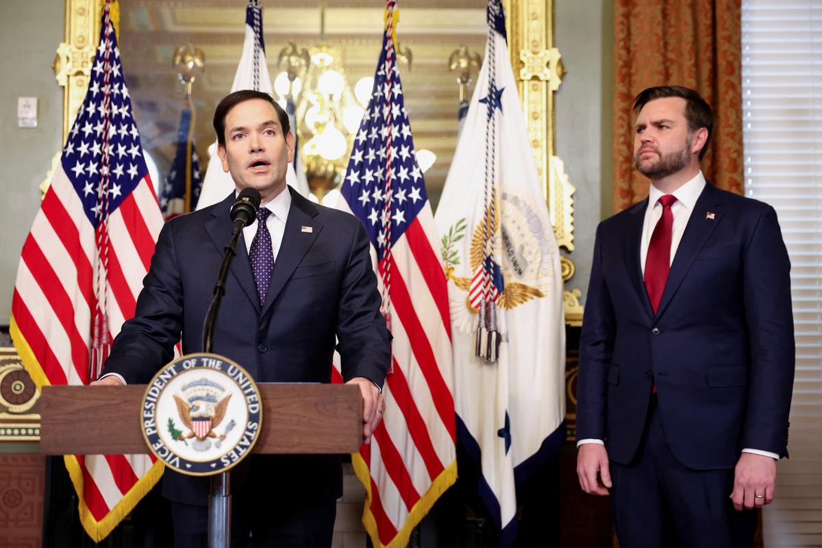 Marco Rubio speaks after he is sworn in as Secretary of State by U.S. Vice President JD Vance at the Eisenhower Executive Office Building in Washington, U.S., on January 21, 2025.