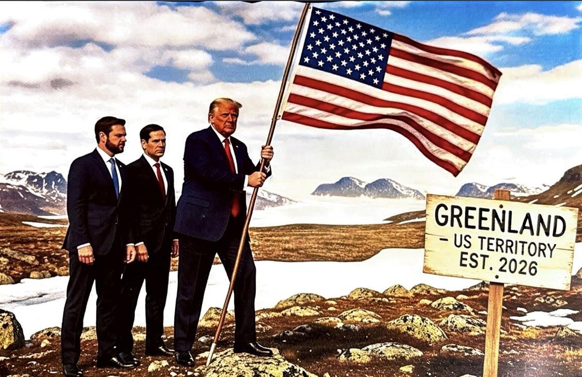 An artificial image shows Mr. Trump showing Greenland as U.S. territory. Picture: truthsocial.com/@realDonaldTrump