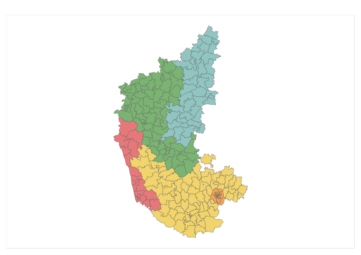 कर्नाटक के क्षेत्र;  किंवदंती- हरा: मुंबई/कित्तूर और मध्य;  नीला: हैदराबाद/कल्याण;  पीला: दक्षिण और मलनाड;  ऑरेंज: बेंगलुरु;  लाल: तटीय