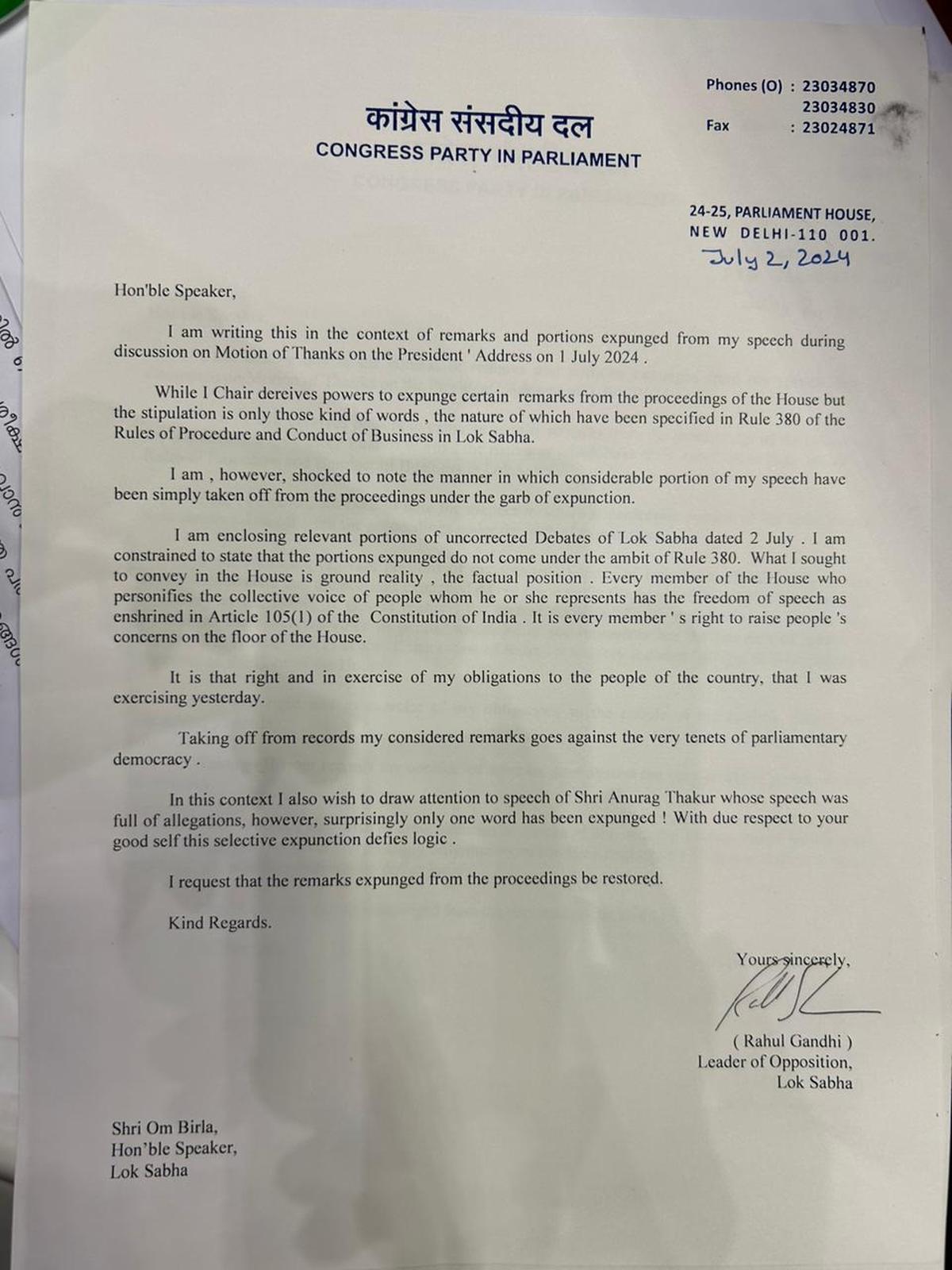 Leader of the Opposition Rahul Gandhi writes to Lok Sabha Speaker Om Birla in the context of portions expunged from his Lok Sabha speech on July 1, 2024.