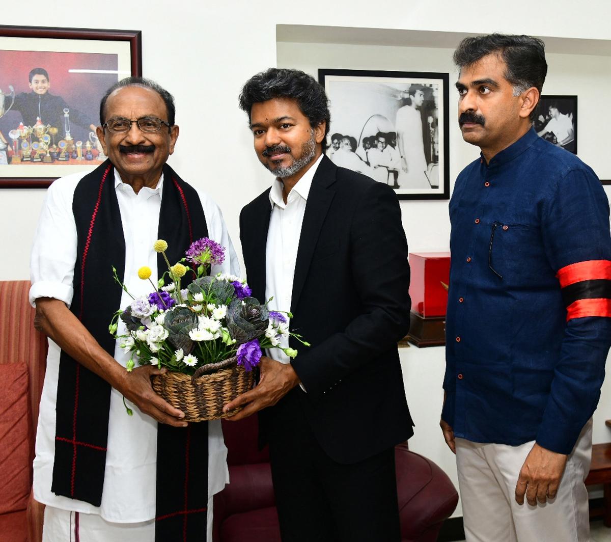 Chief Minister C. Joseph Vijay with Marumalarchi Dravida Munnetra Kazhagam leader Vaiko and his son MP Durai Vaiko at his residence in Chennai on May 11, 2026.