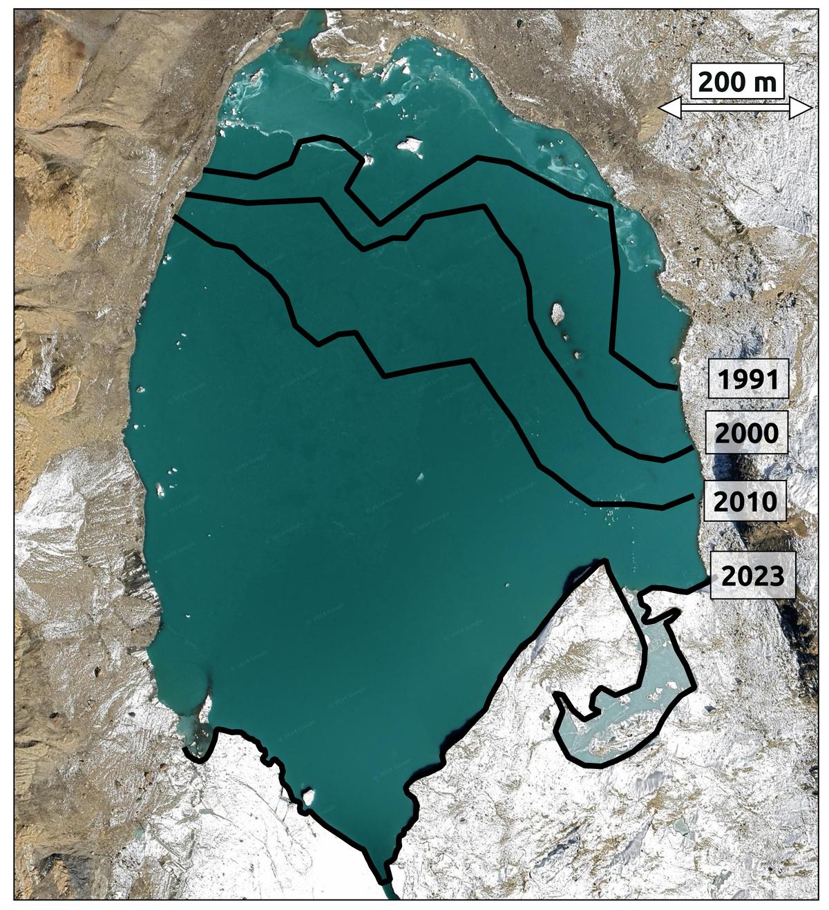 The map charts the expansion of the glacial lake at the head of Nagmithong Nala. 