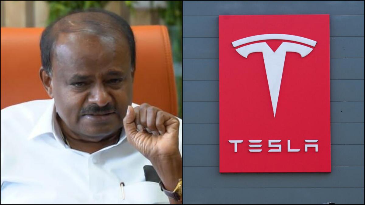 Combination image of Union Minister H.D. Kumaraswamy and the Tesla logo on a showroom