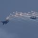 Sukhoi Su-30MKI fighter jets of the Indian Air Force (IAF) release flares during an air show on the 92nd Indian Air Force Day, at the Marina Beach, in Chennai.