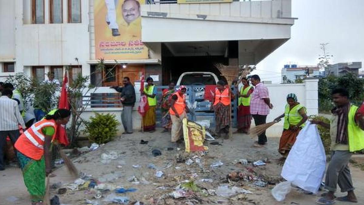 Municipal workers picket Balakrishna’s house The Hindu