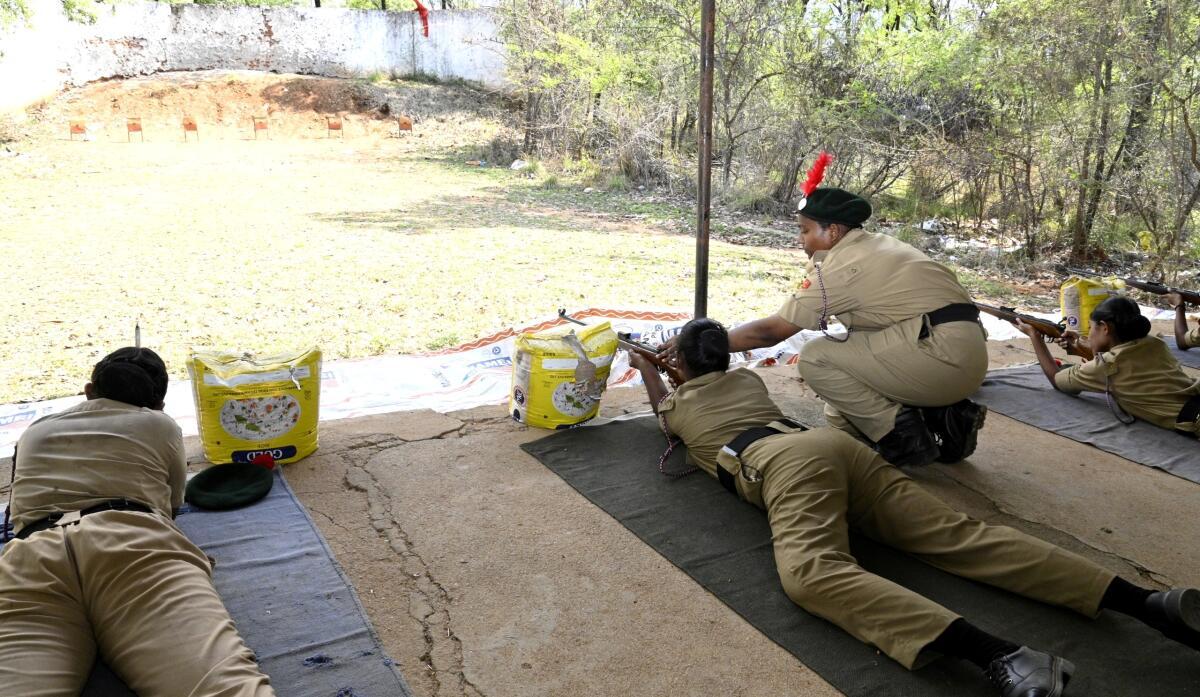NCC cadets take aim at the firing range during the Combined Annual Training Camp-1 in Alipiri, Tirupati, on Friday.