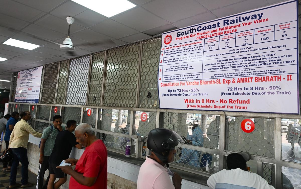 Domenica i passeggeri si sono recati agli sportelli di prenotazione della South Coast Railway nella stazione ferroviaria di Visakhapatnam. Domenica i passeggeri si sono recati agli sportelli di prenotazione della South Coast Railway nella stazione ferroviaria di Visakhapatnam.