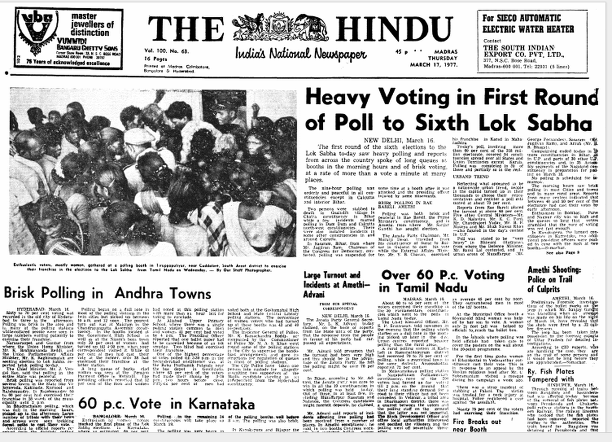Headlines on first day of Lok Sabha elections in 1977