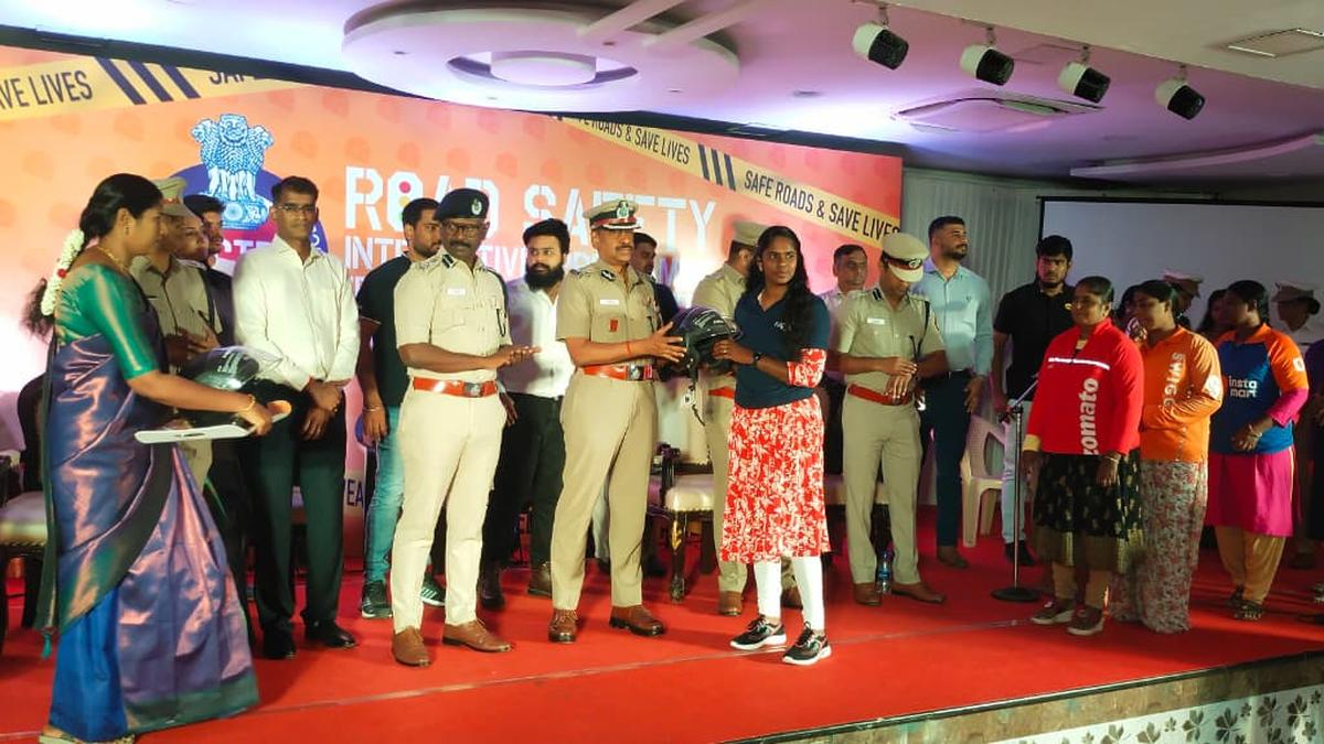 Traffic police distributes helmets to women gig workers in Chennai