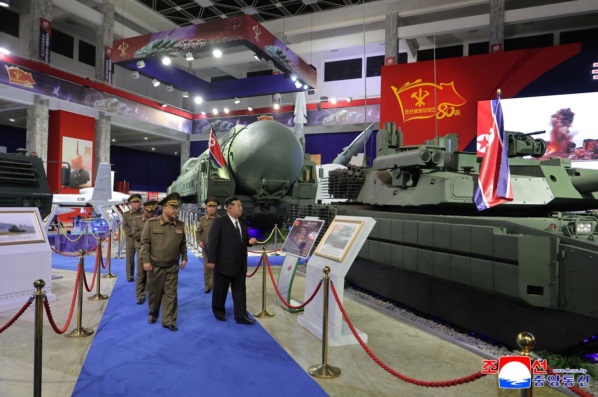 This picture taken on October 4, 2025 and released from North Korea’s official Korean Central News Agency (KCNA) on October 5, 2025 shows North Korean leader Kim Jong Un attending the opening ceremony of the Defence Development 2025 military exhibition in Pyongyang. 
