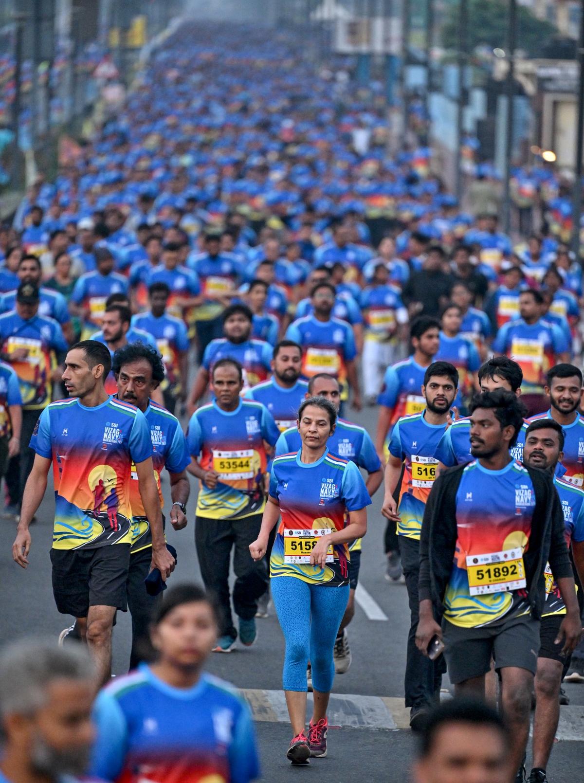 A sea of people participated in the Vizag Navy Marathon 2024 organised by the Indian Navy at Beach Road in Visakhapatnam on Sunday, December 15, 2024. 