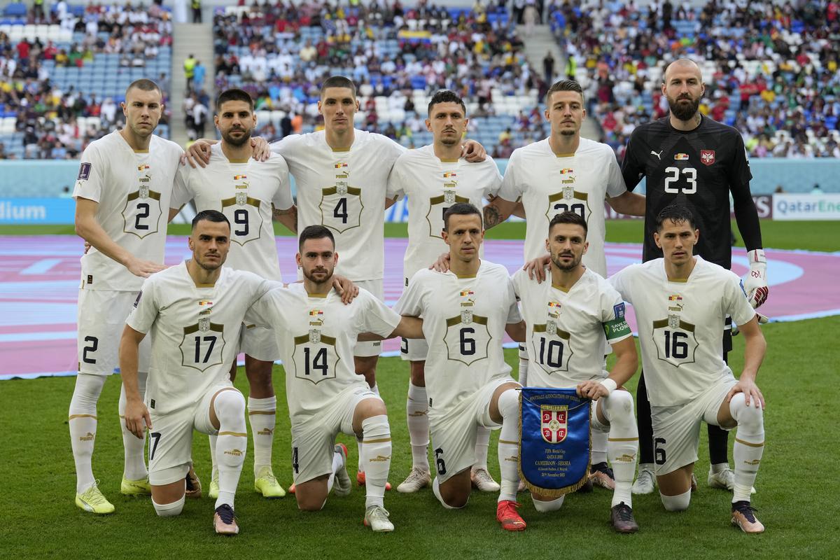 Serbia team players pose prior to the start of the World Cup group G soccer match between Cameroon and Serbia, at the Al Janoub Stadium in Al Wakrah, Qatar, Monday, Nov. 28, 2022. 