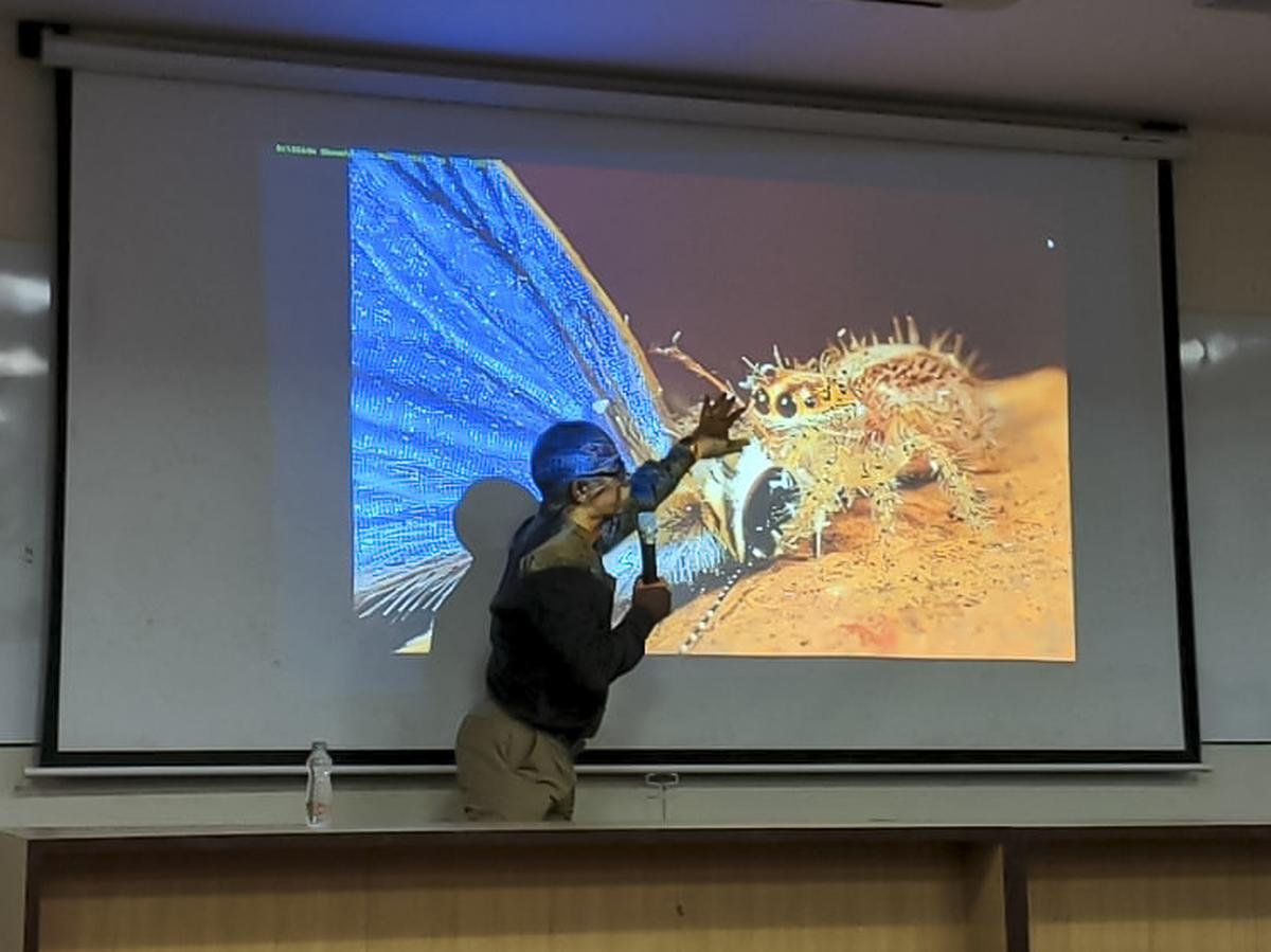 Wildlife photographer Yuvraj Gurjar holds a talk during Big Butterfly Month at K.J Somaiya College of Science and Commerce in Mumbai on September 9, 2023.
