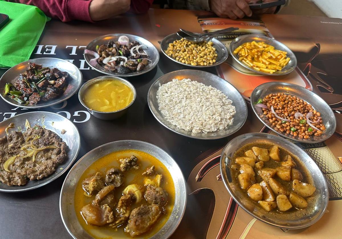 A diverse spread of Newari delicacies served at an eatery near Patan Durbar Square.