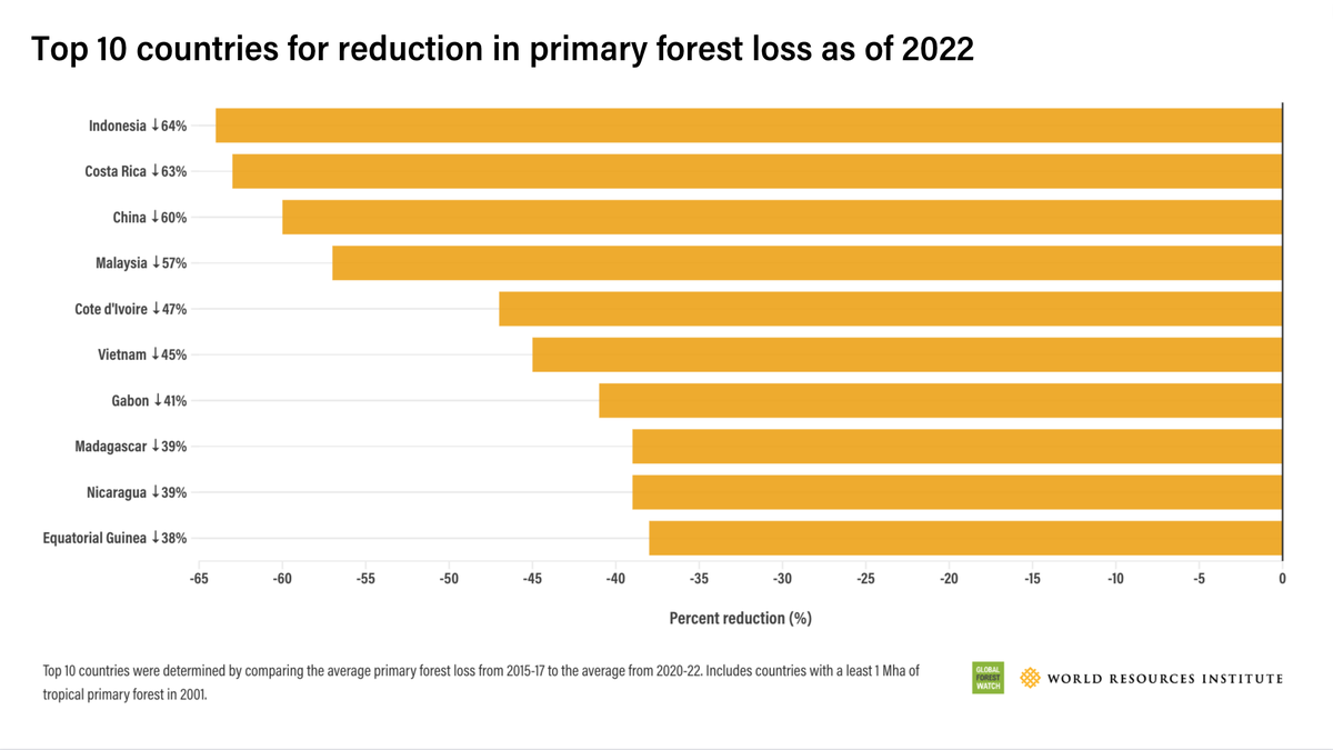 2022 तक प्राथमिक वन हानि में कमी के लिए शीर्ष दस देश