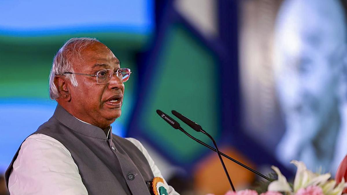 Congress president Mallikarjun Kharge addresses the party’s plenary session