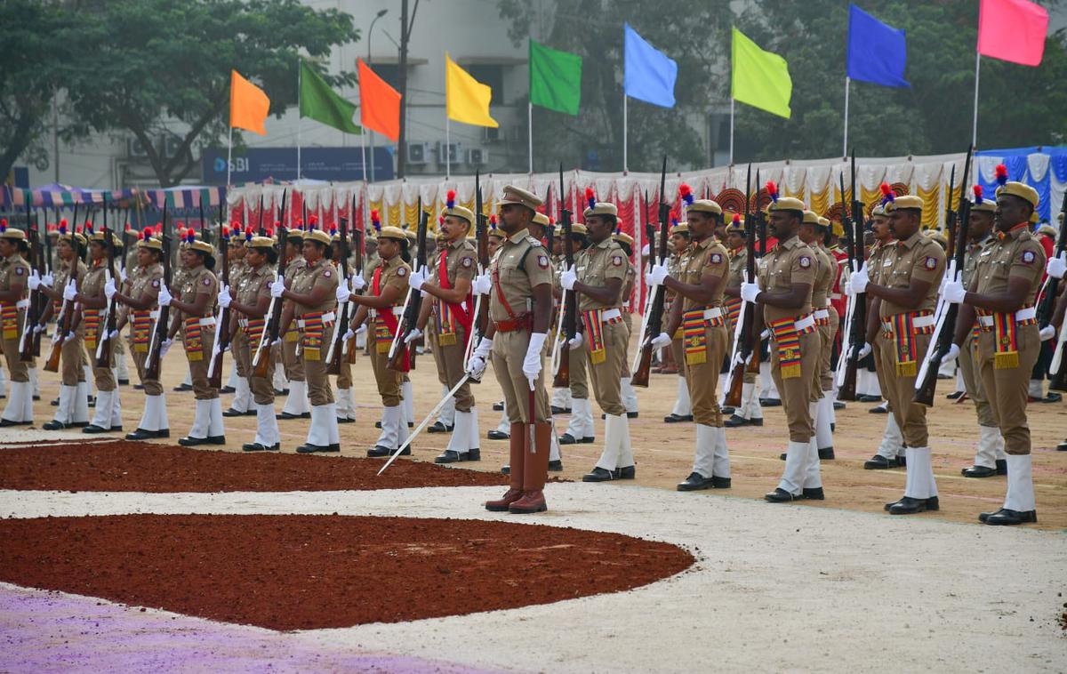 Police personnel at the 74th Republic Day celebrations at VOC Park grounds in Coimbatore on January 26, 2023. 