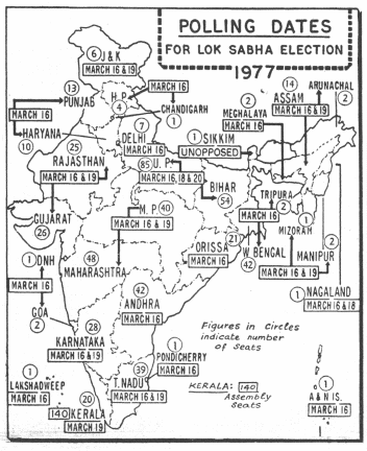 A map from The Hindu’s Madras edition dated March 16, 1977 announces the dates for Lok Sabha elections in 1977. 