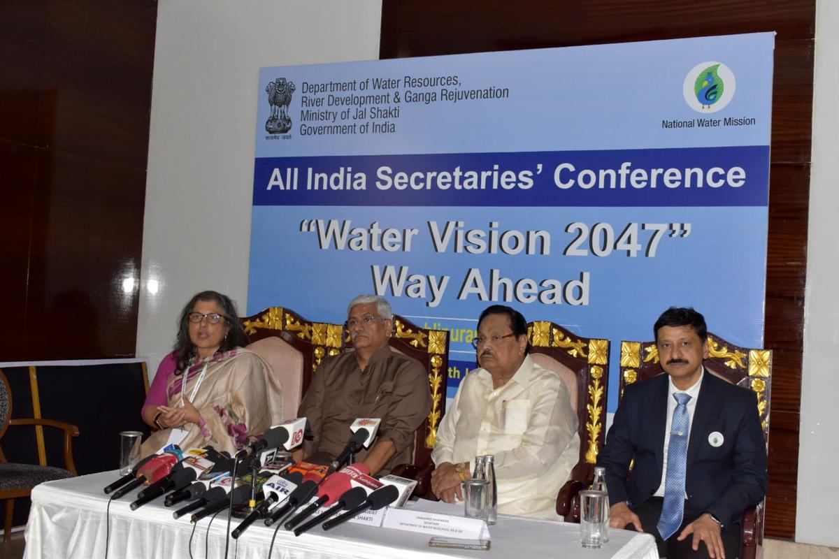 Union Minister of Jal Shakti Gajendra Singh Shekhawat  and other dignitaries at the All India Secretaries Conference on Water Vision @2047-Way Ahead in Chennai on January 23, 2024.