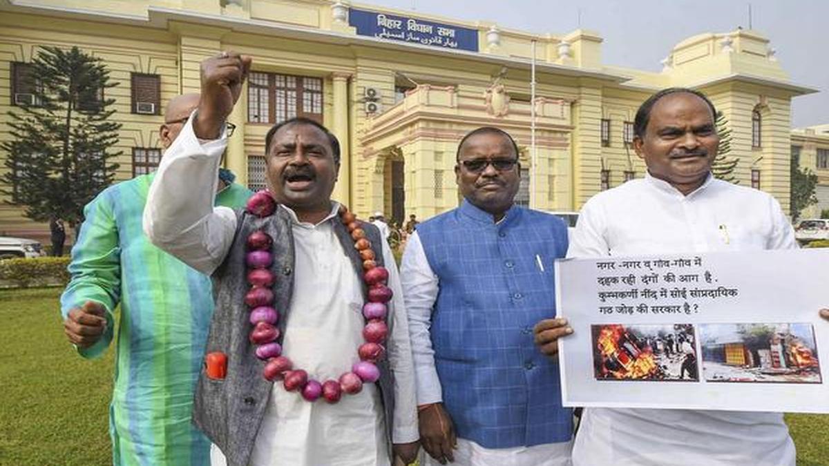 RJD MLA comes to Bihar Assembly wearing garland of onions The Hindu