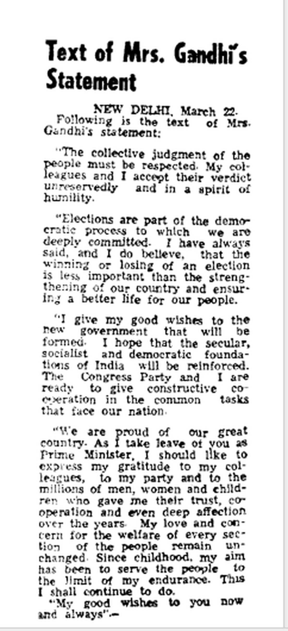 Text of Indira Gandhi’s statement after losing in the 1977 Lok Sabha elections (clipping from The Hindu)