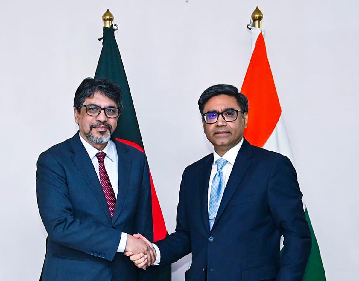 Foreign Secretary Vikram Misri (right) meets his Bangladeshi counterpart Mohammad Jashim Uddin in Dhaka, Bangladesh on December 9, 2024.