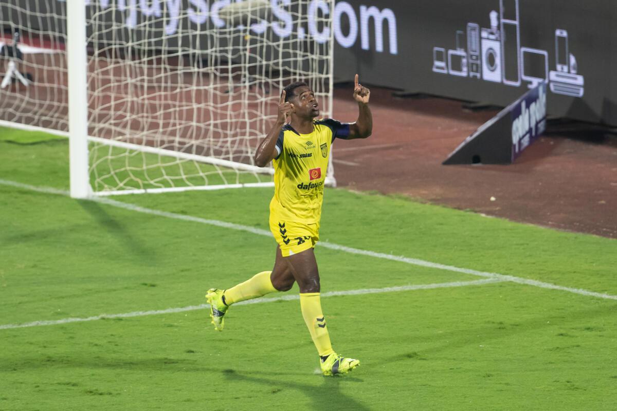 Bartholomew Ogbeche celebrates after scoring a goal against Kerala Blasters at the GMC Stadium Bambolim, Goa, on February 21, 2022. 