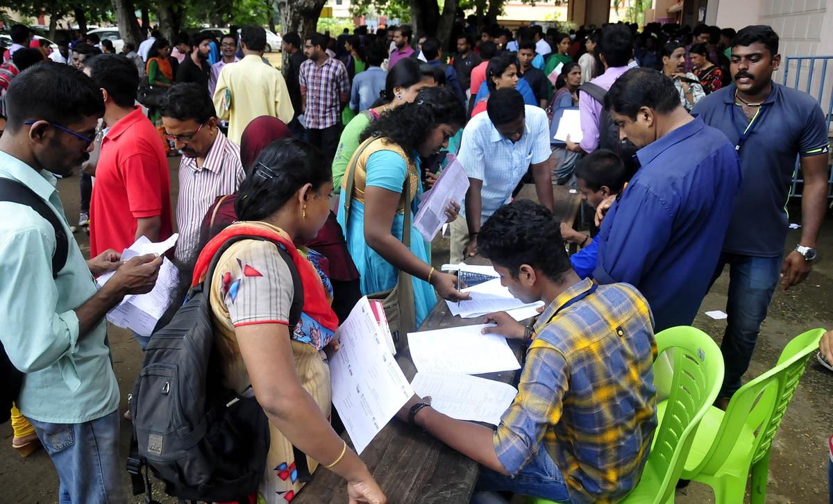 Kerala faces high unemployment at 7.2%, especially among educated youth, more than double India’s 3.2% rate. The photo shows youth at a job fair organised by the Union Ministry of Labour and Employment, in Thiruvananthapuram. Kerala faces high unemployment at 7.2%, especially among educated youth, more than double India’s 3.2% rate. The photo shows youth at a job fair organised by the Union Ministry of Labour and Employment, in Thiruvananthapuram.